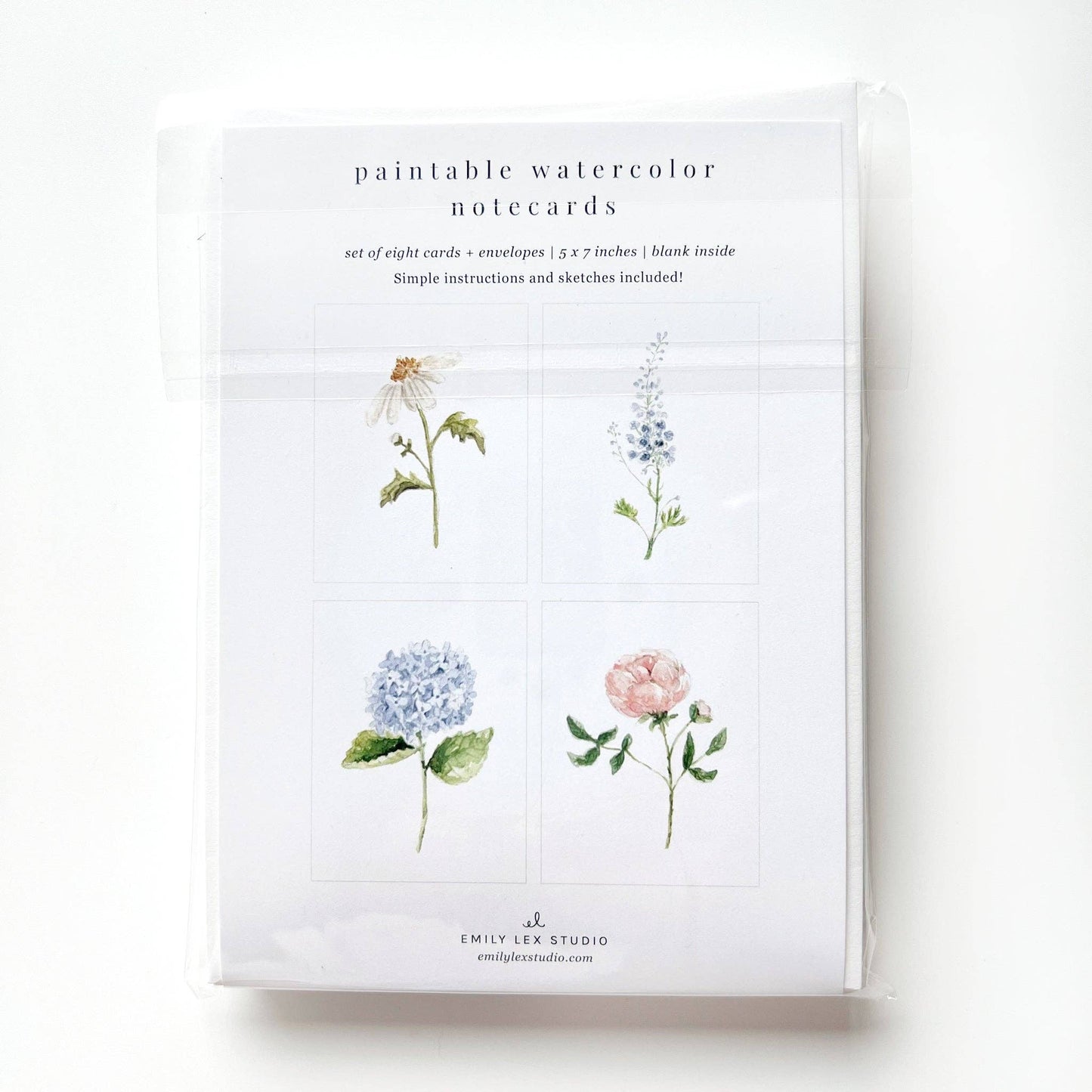 Set of 8 paintable notecards by Emily Lex Studio with four floral sketches; includes envelopes. Size not specified.