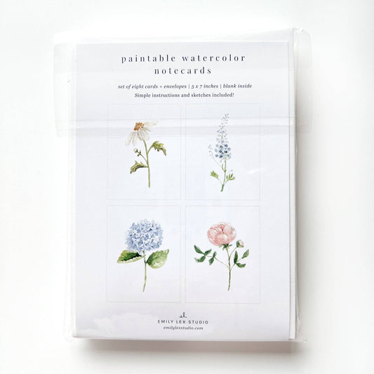 Set of 8 paintable notecards by Emily Lex Studio with four floral sketches; includes envelopes. Size not specified.