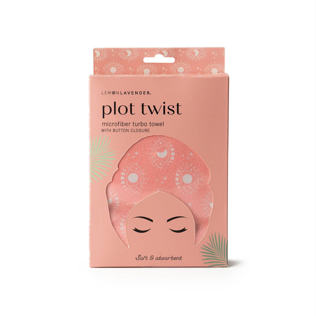 Lemon Lavender Plot Twist Turbo Towel in pink box, hands-free hair drying; sizes available are listed on packaging.