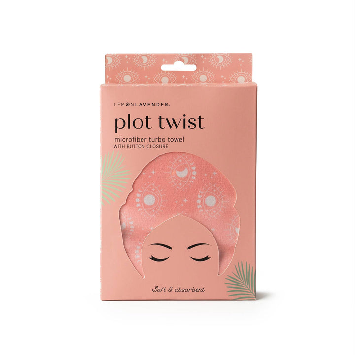 Lemon Lavender Plot Twist Turbo Towel in pink box, hands-free hair drying; sizes available are listed on packaging.