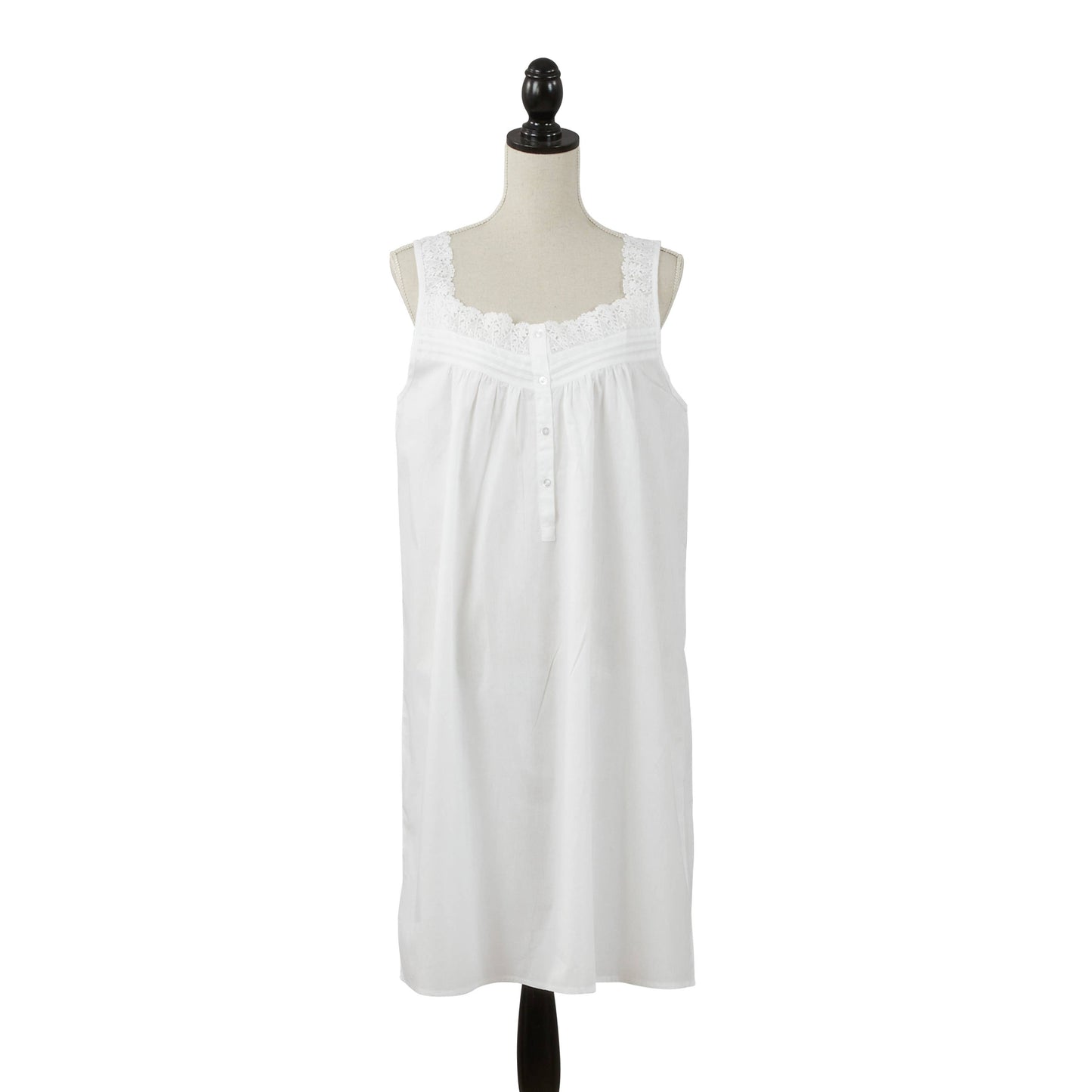 White cotton scoop neck nightgown with lace-trim neckline and front buttons; available in sizes S-XL.