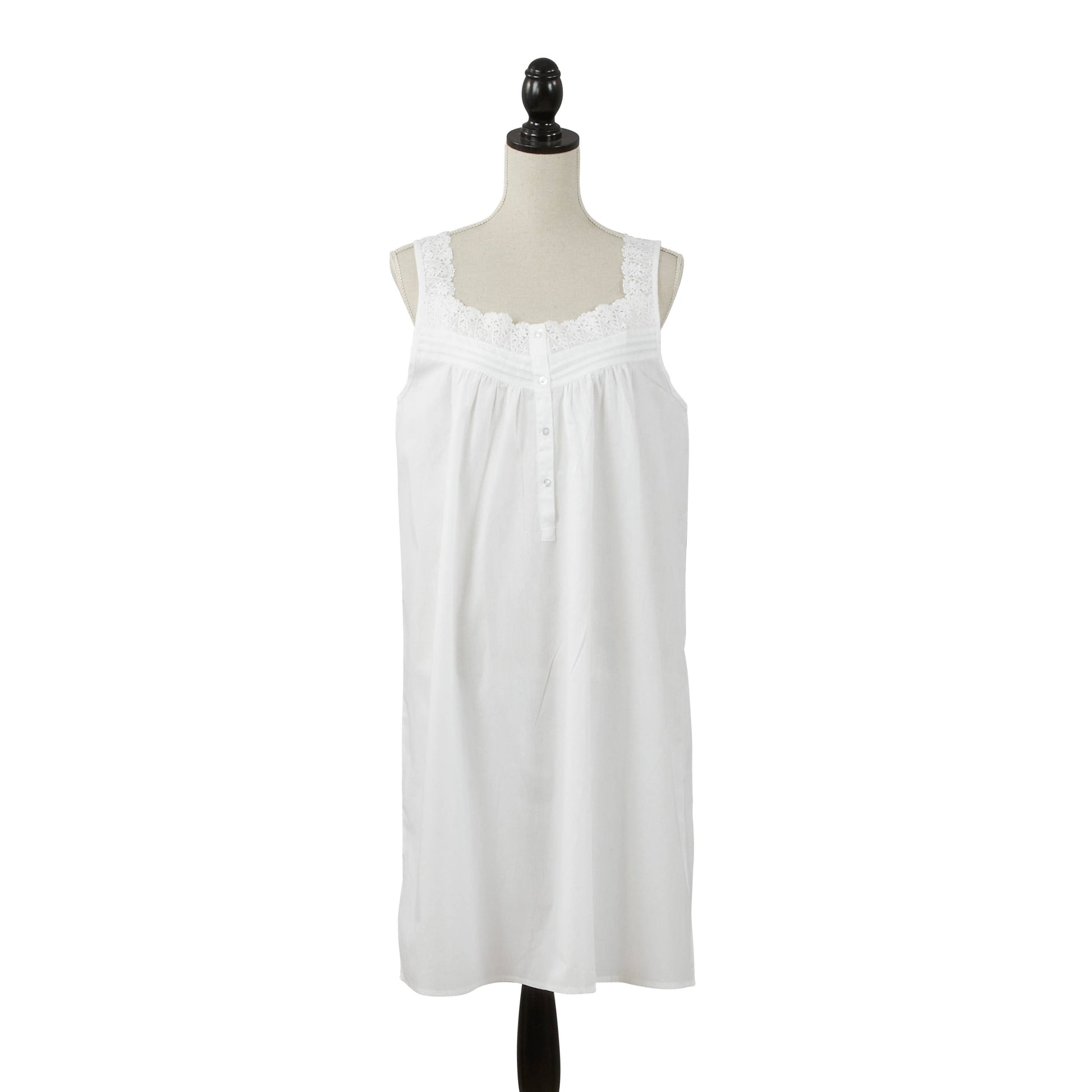 White cotton scoop neck nightgown with lace-trim neckline and front buttons; available in sizes S-XL.
