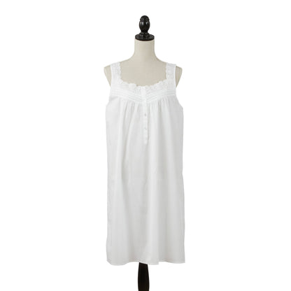 White cotton scoop neck nightgown with lace-trim neckline and front buttons; available in sizes S-XL.
