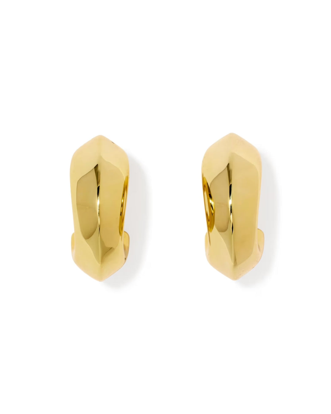 Kendra Scott Embry Hoop Earrings with a polished gold finish and faceted geometric design, available in small, medium, and large sizes.