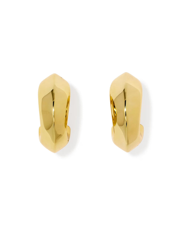 Kendra Scott Embry Hoop Earrings with a polished gold finish and faceted geometric design, available in small, medium, and large sizes.
