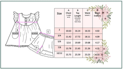 Line art of Girls Blue Check Flower Power Short Set; measurement points and size chart for sizes 2/3 to 10/12 shown.