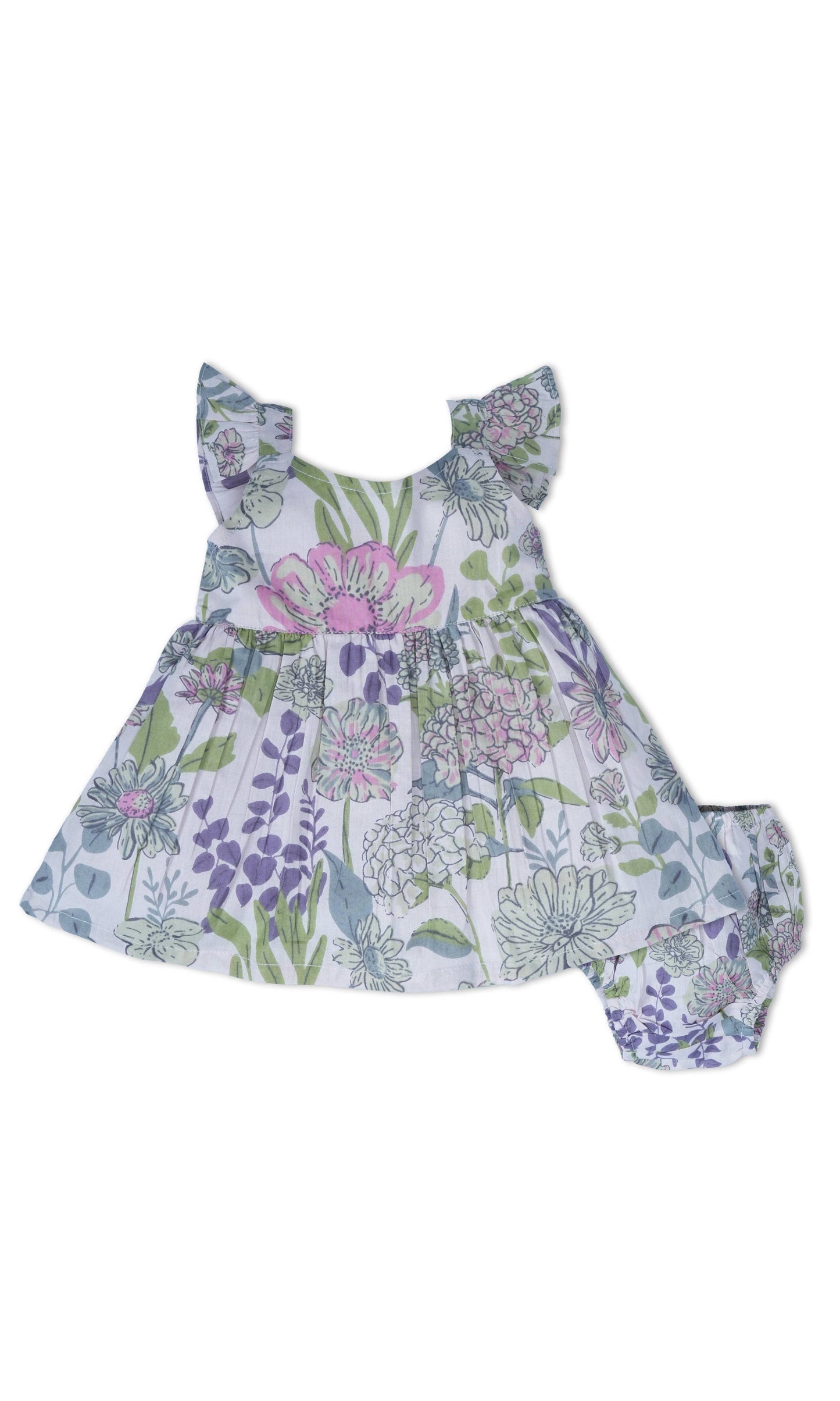 Shay Floral Dress in Lavender: pastel floral print, flutter sleeves, flared skirt, matching bloomers. Available in baby sizes.
