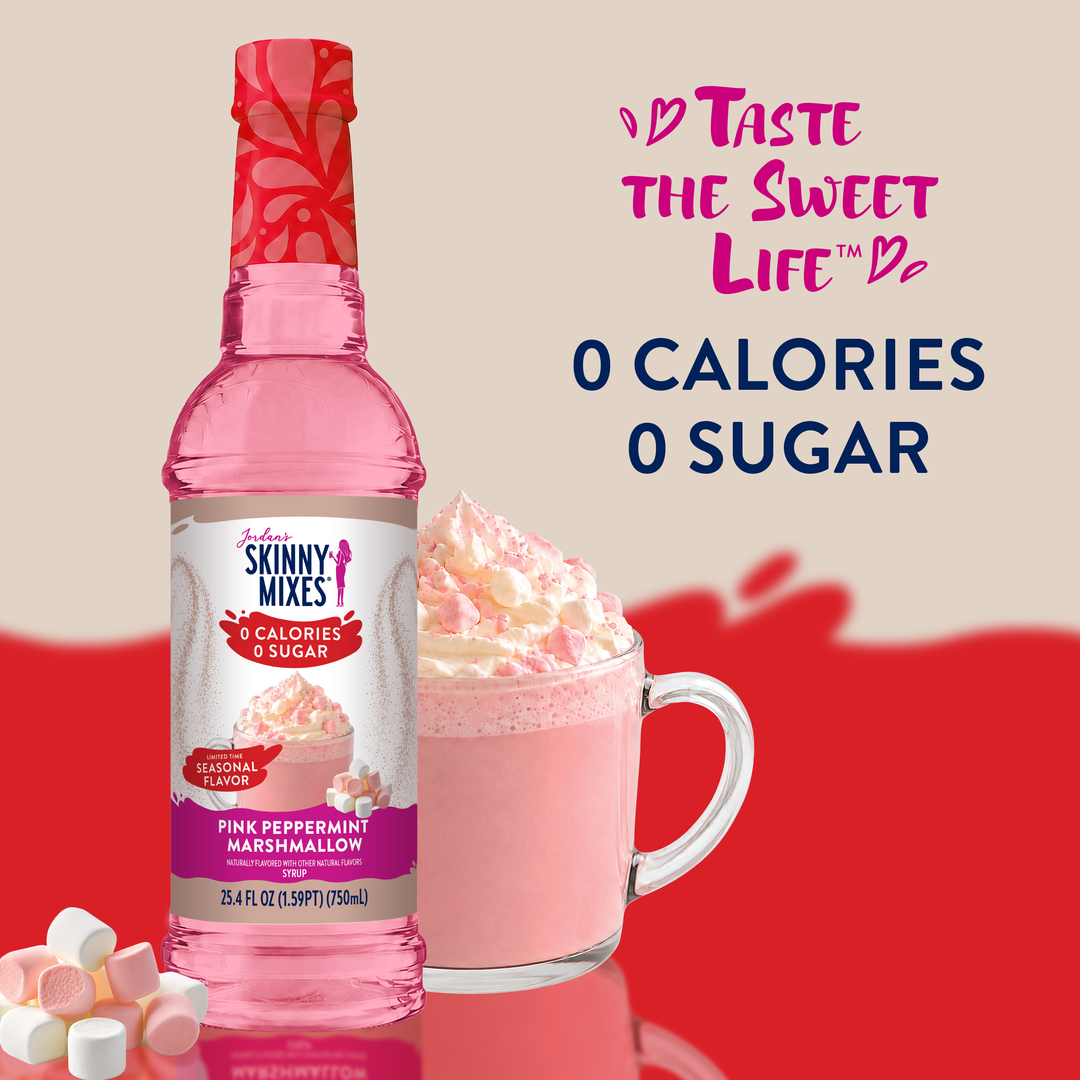 Sugar Free Pink Peppermint Marshmallow syrup, 0 Calories, 0 Sugar.