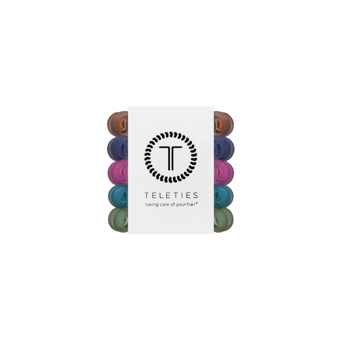Pack of Sweater Swatches Tiny Hair Ties in assorted colors, mini spiral bands arranged vertically with a central white label featuring the brand logo and “taking care of your hair” slogan. Available in mini size.
