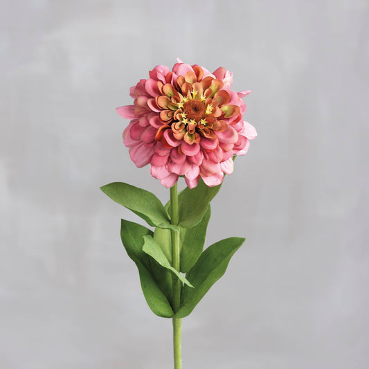 Pink Zinnia Floral Pick with layered petals, green leaves, and long stem. Available in 12-inch and 18-inch sizes.