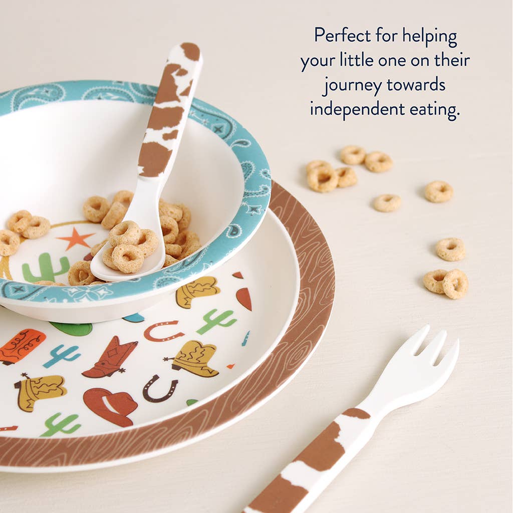 Itzy Bistro™ 4-Piece BPA-free melamine toddler set with cowboy designs; includes plate, bowl, spoon, fork. Sizes: toddler.