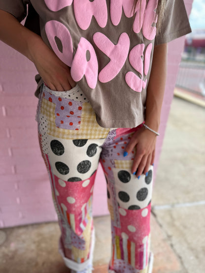Harper Playful Patch Denim Pants: high-waisted jeans with colorful patchwork details. Available in sizes XS-XL.