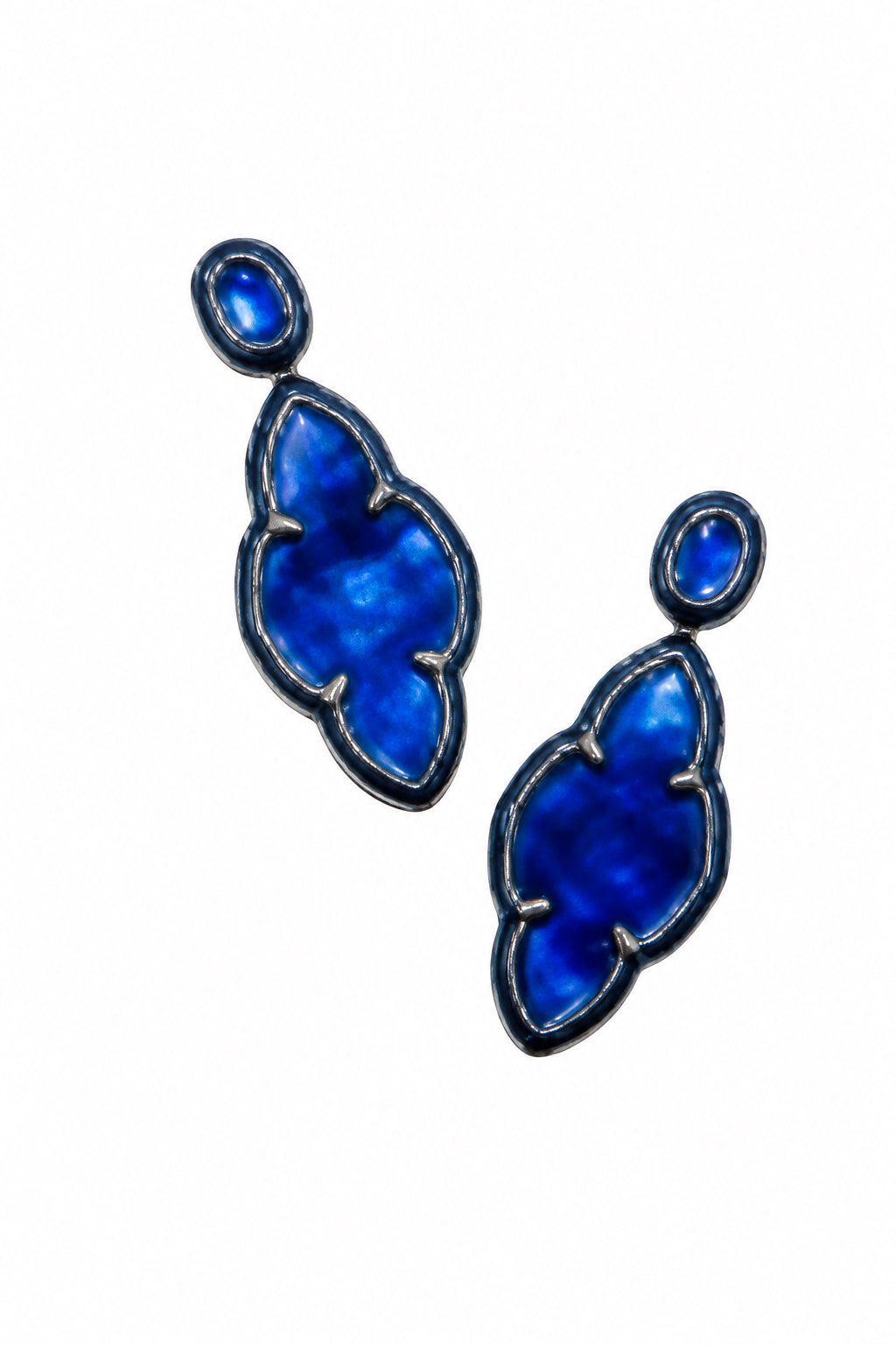 Abbie Gold Cobalt Illusion Statement Earrings with oval studs and irregular, faceted blue stones in dark metal outline. Available sizes: one size.