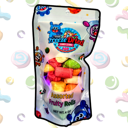 A 4 oz bag of Assorted Fruity Rolls: Singles from The Freeze Dried Candy Store with vibrant candies.