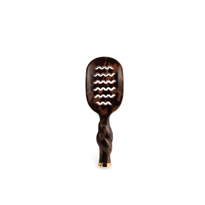 Mini Vented Brush | Tortoise with brown tortoiseshell pattern, twisted handle, and wavy ventilation slots. Available in mini size.