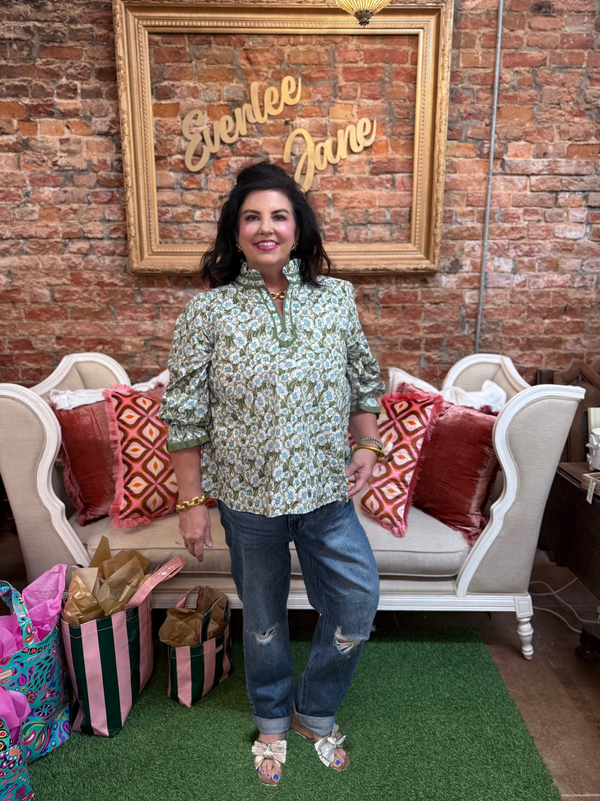 Floral Mandarin Collar Blouse available in sizes XS–XL.