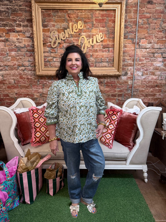 Floral Mandarin Collar Blouse available in sizes XS–XL.