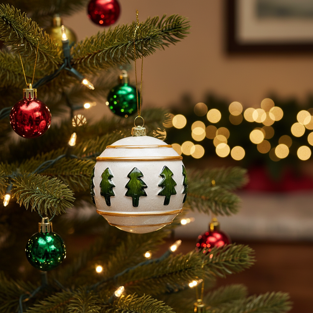 Westwood Ball Ornament, a cream-colored round ornament with a horizontal row of green evergreen tree silhouettes.