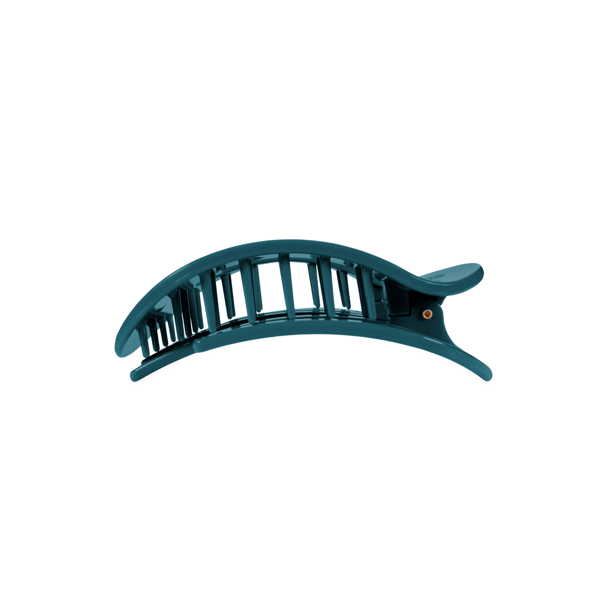 Teal plastic hair clip with open slats, hinge, and flat back; medium size.