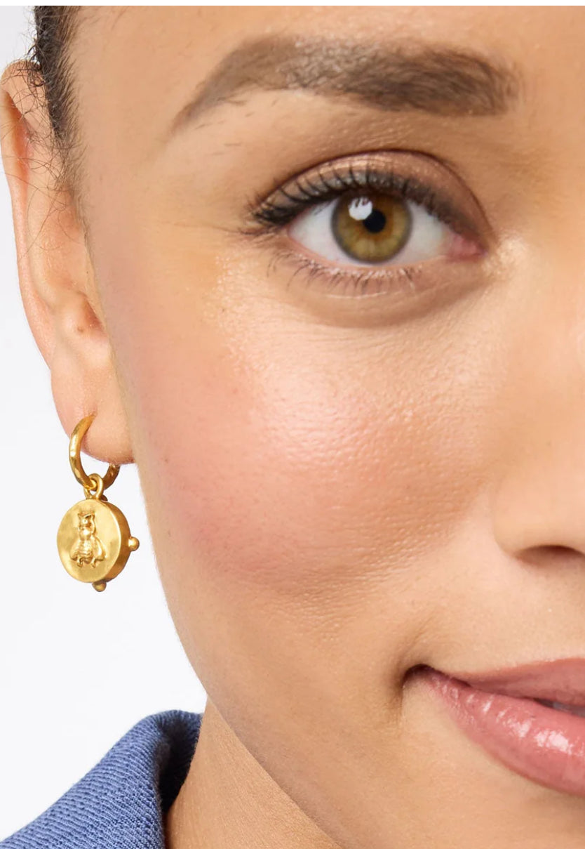 Honeybee Hoop & Charm Earring Mother Of Pearl with a round bee cameo. Intricate details. Sizes: Small, Medium, Large.