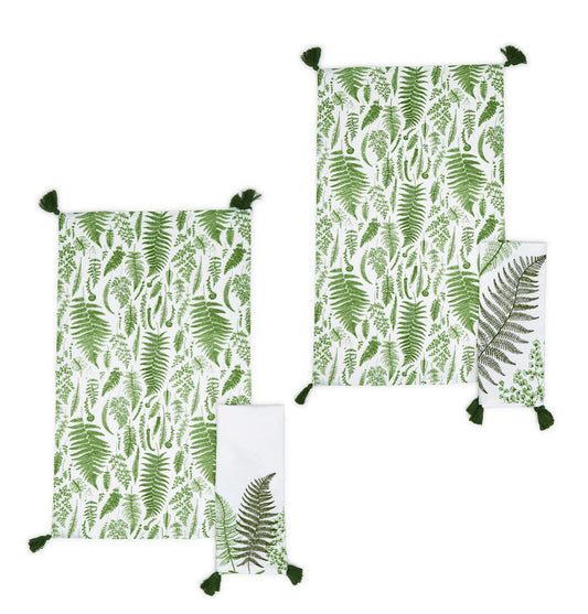 Set of two dish towels with green fern prints and tassels. Includes matched small towels. Available in standard and mini sizes.