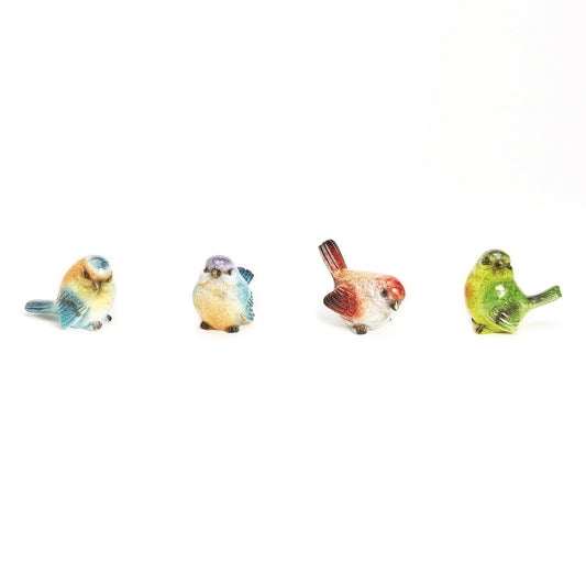 Set of four small hand-painted resin birds in blue, purple, red, and green. Available in mini and small sizes.