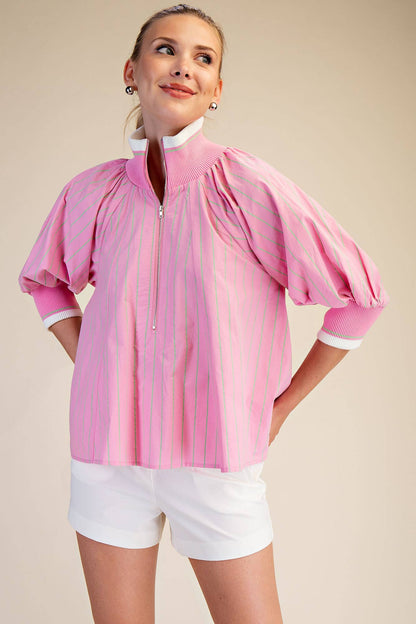 Pink Mock Neck Band Puff Sleeve Blouse with thin white stripes and white trim. Sizes: XS-XL.