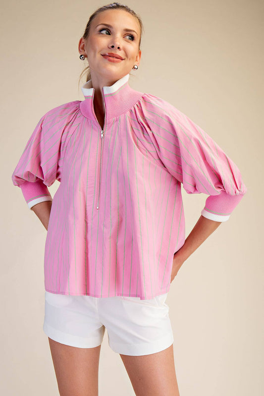 Pink Mock Neck Band Puff Sleeve Blouse with thin white stripes and white trim. Sizes: XS-XL.