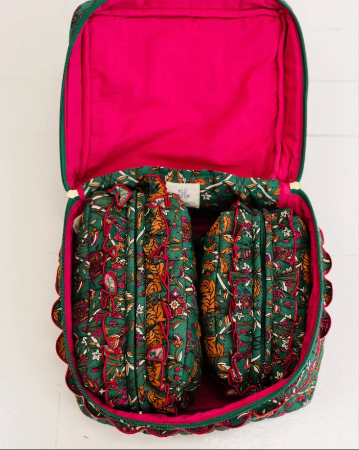 Hearthside Vine Luxe Quilted Cosmetic Set: one large and two small green floral quilted zippered pouches.