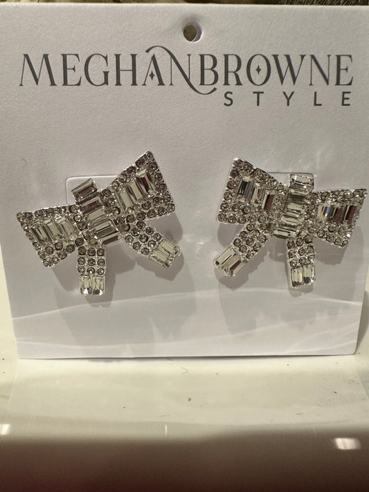 Tandy Bow Earrings feature rectangular baguette crystals and round rhinestones. Available sizes: small, medium, large.