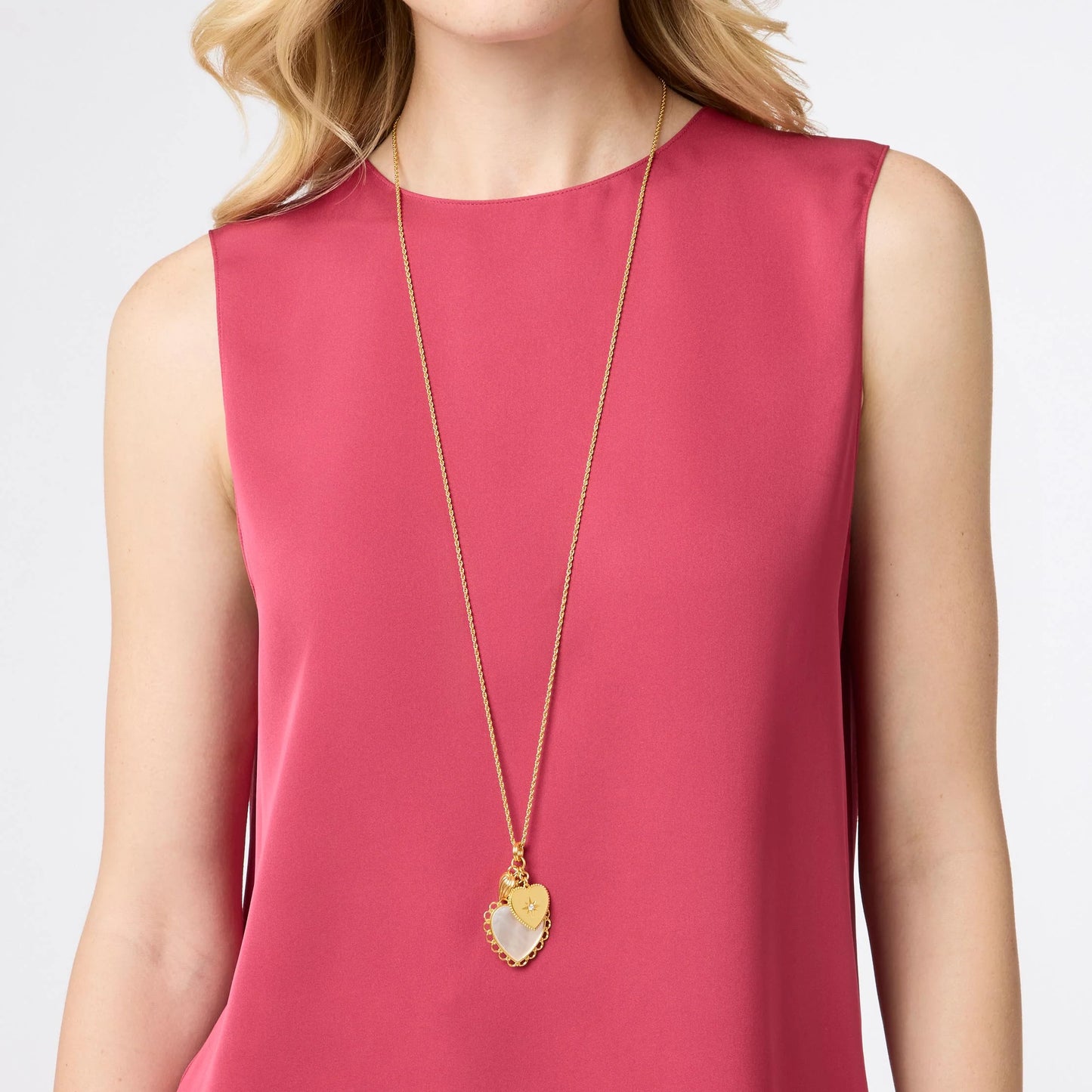 Heart Trio Cham Pendant Mother Of Pearl gold necklace, vintage-inspired; available in 16", 18", and 20" chain lengths.