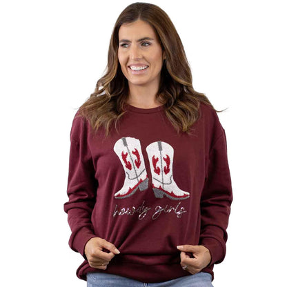 Maroon Howdy Girl Sequin Sweatshirt with white cowboy boots, red accents, and "Howdy Girl." Available in S-XL.