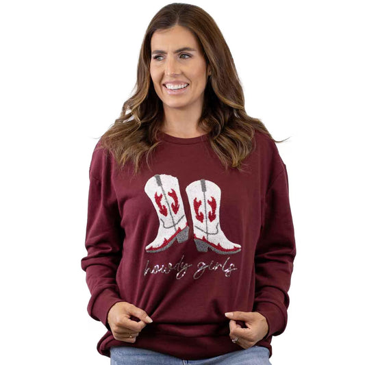 Maroon Howdy Girl Sequin Sweatshirt with white cowboy boots, red accents, and "Howdy Girl." Available in S-XL.