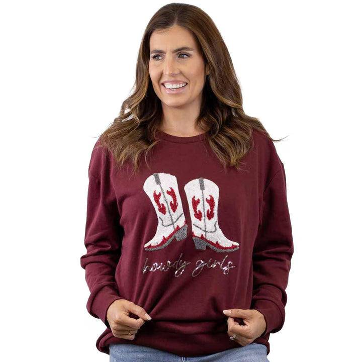 Maroon Howdy Girl Sequin Sweatshirt with white cowboy boots, red accents, and "Howdy Girl." Available in S-XL.