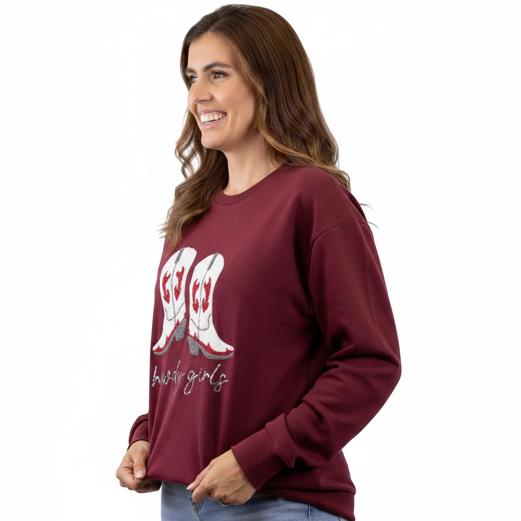 Maroon Howdy Girl Sequin Sweatshirt with "brave girls" on front. Western-inspired. Available in sizes S-XL.