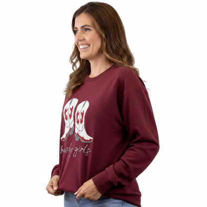 Maroon Howdy Girl Sequin Sweatshirt with "brave girls" on front. Western-inspired. Available in sizes S-XL.