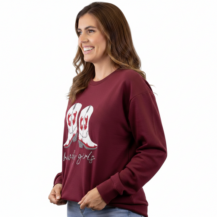 Maroon Howdy Girl Sequin Sweatshirt with "brave girls" on front. Western-inspired. Available in sizes S-XL.