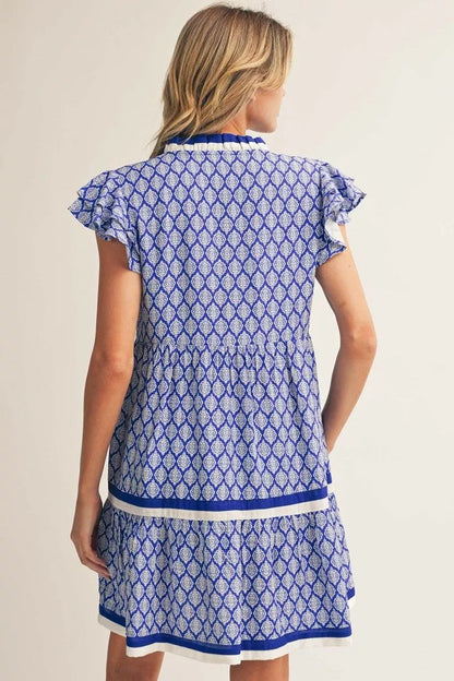 Royal Blue Baroque Pattern Tiered Dress with ruffled sleeves; available in sizes XS–XL.