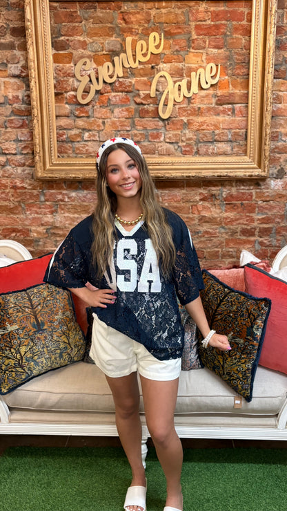 Navy Lace "USA" Jersey shown; available in sizes S-XL.