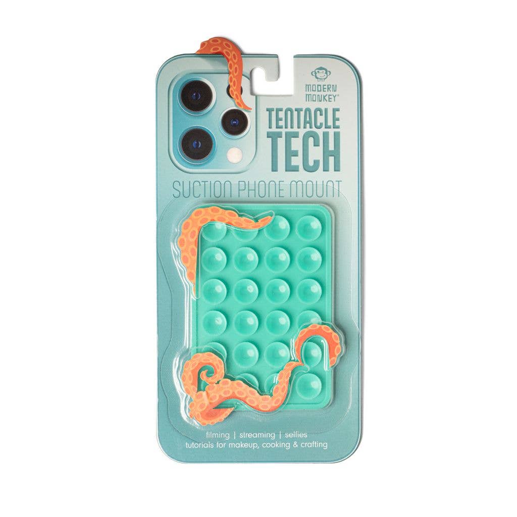 Aqua silicone phone mount with orange tentacle design, available in small, medium, and large sizes.