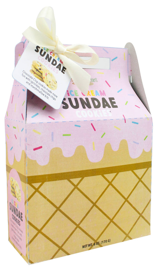 Pink and yellow gift box, ice cream sundae style, sprinkles, white ribbon, "Ice Cream Cone Cookies" label. Sizes: small/large.