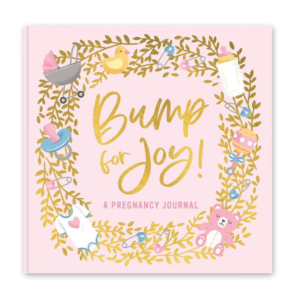 Pink “Bump for Joy: A Pregnancy Journal” with gold and white lettering, leaf wreath, and baby icons. Size: 6.75"x8.75".