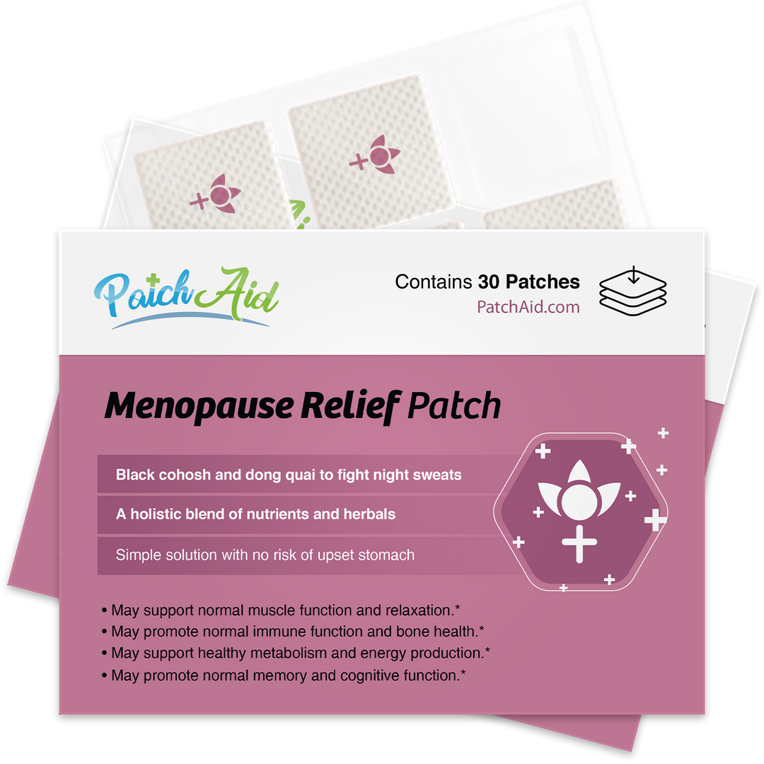 Menopause Relief Patch - Natural Symptom Relief &amp; Support, 1-pack with 30 patches. Ingredients like black cohosh and dong quai are listed. Product claims natural menopause symptom relief, relaxation, and hormonal support for bone health.