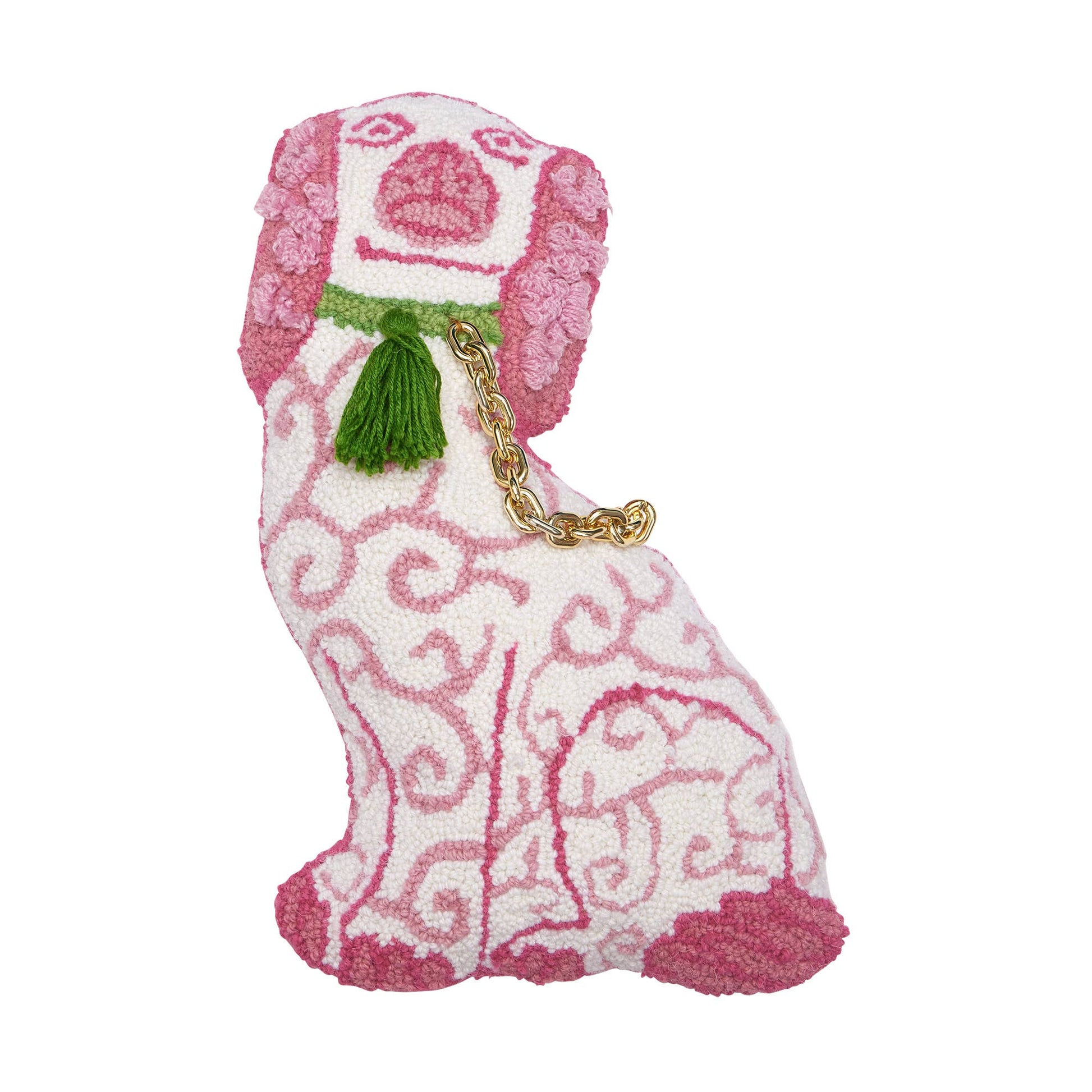 Decorative wool dog-shaped pillow with pink and white swirls, green tassel collar, and short gold chain. Available in multiple sizes.