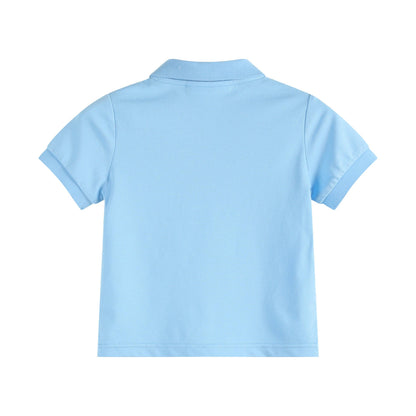 Light blue short-sleeve collared shirt with neat hems. Available in boys' sizes XS-XL.