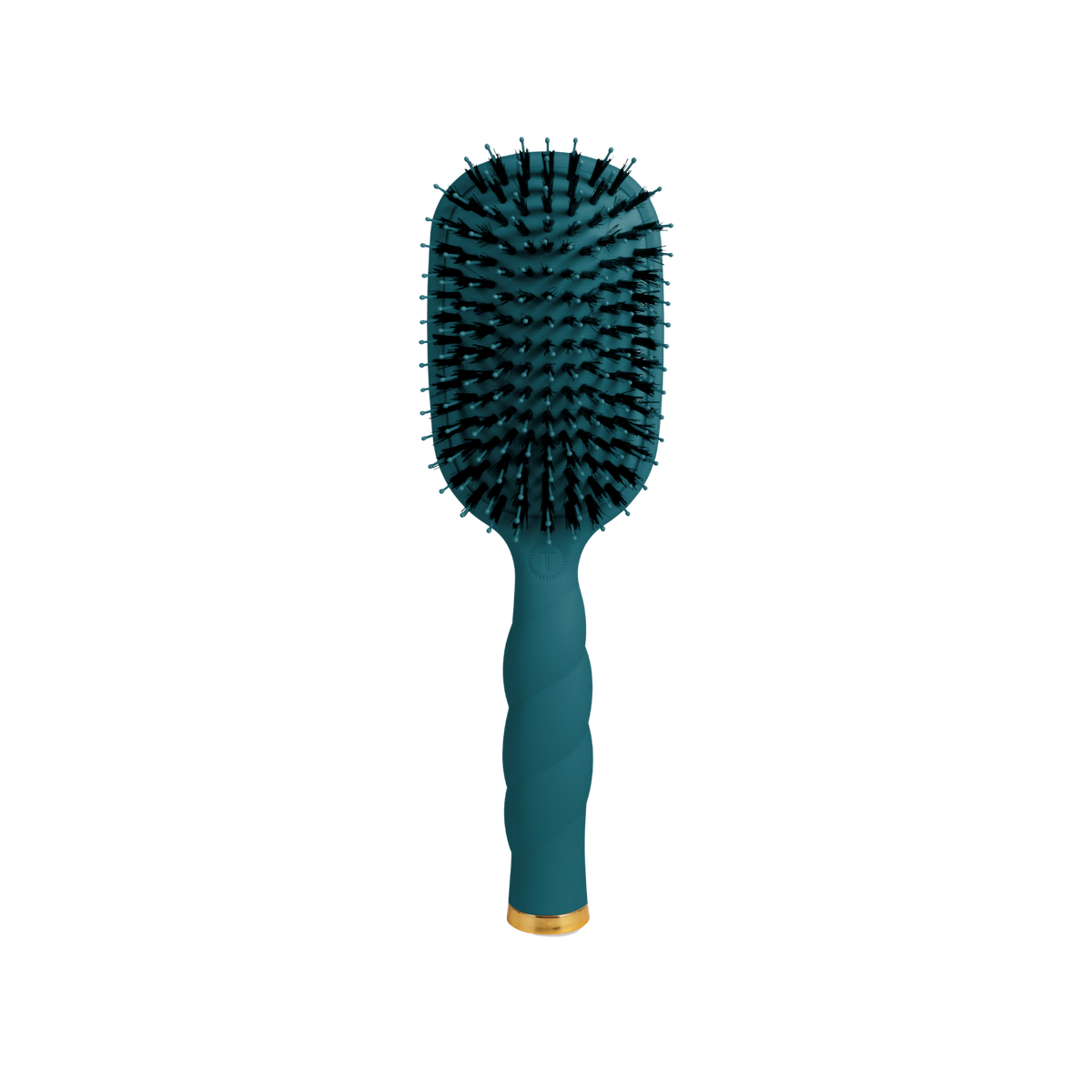 Teal paddle hairbrush with gold accent and boar bristles for frizz control and glossy finish. Sizes available: [insert sizes].
