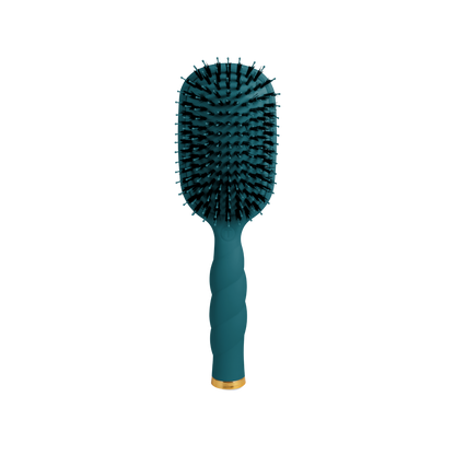 Teal paddle hairbrush with gold accent and boar bristles for frizz control and glossy finish. Sizes available: [insert sizes].
