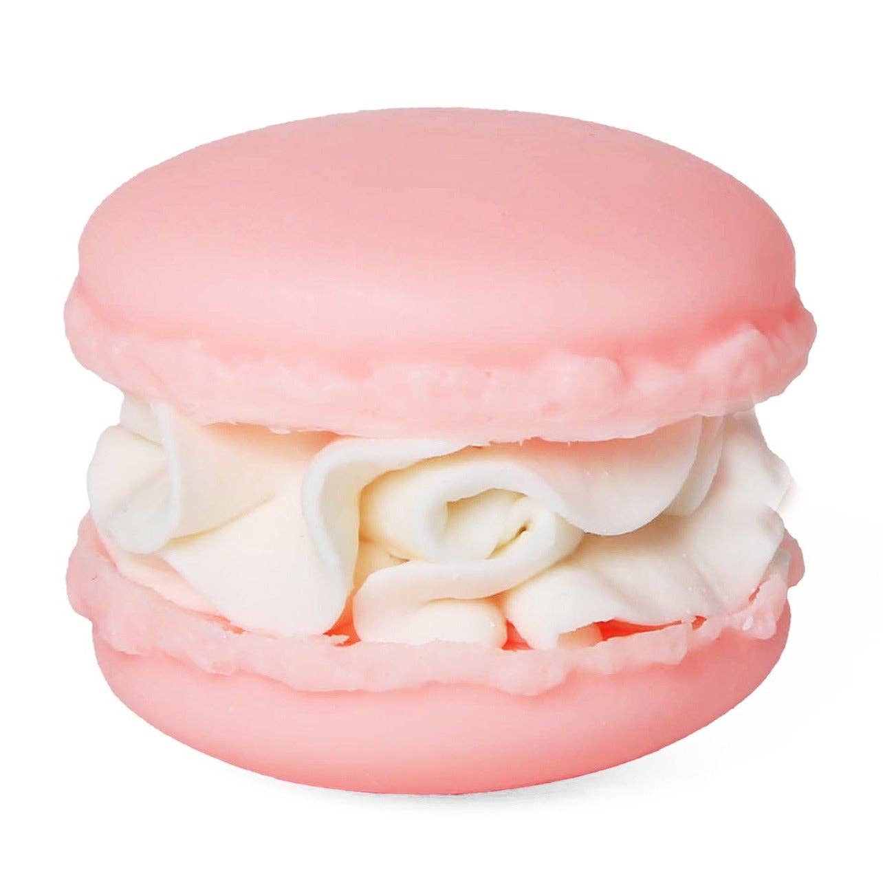 Handmade MacDelight Macaron Soap (Hawaiian Breeze), pink with ruffled white filling. Available in small and large sizes.
