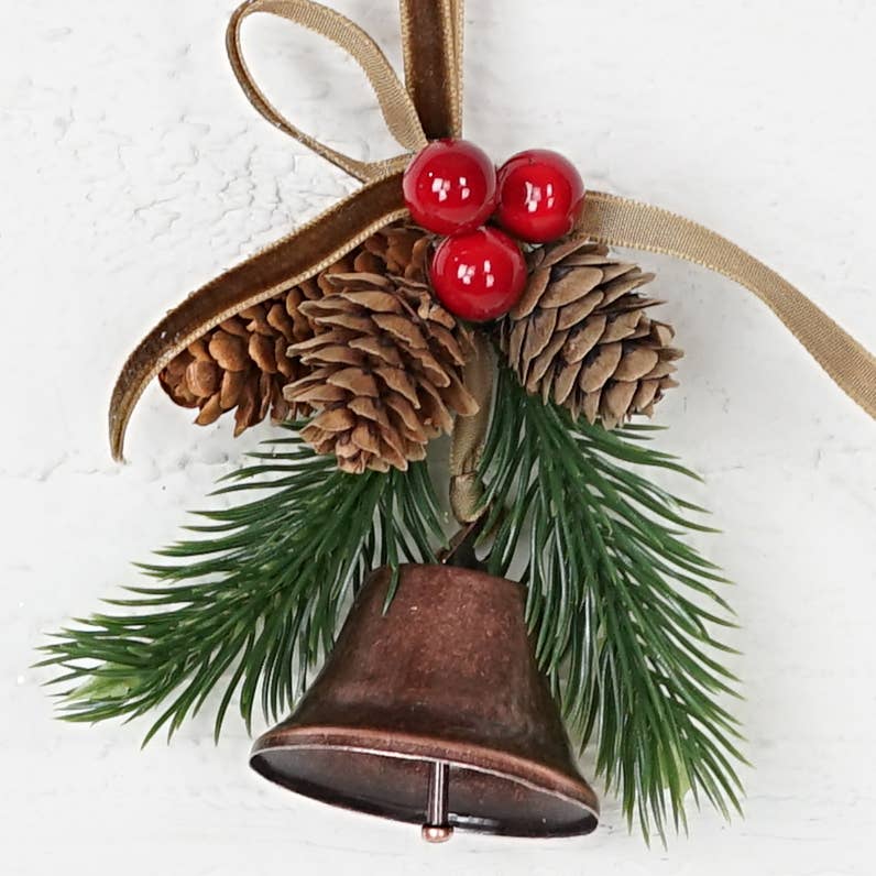 5inL Hanging Decor-Bronze Bell, pinecones, berries