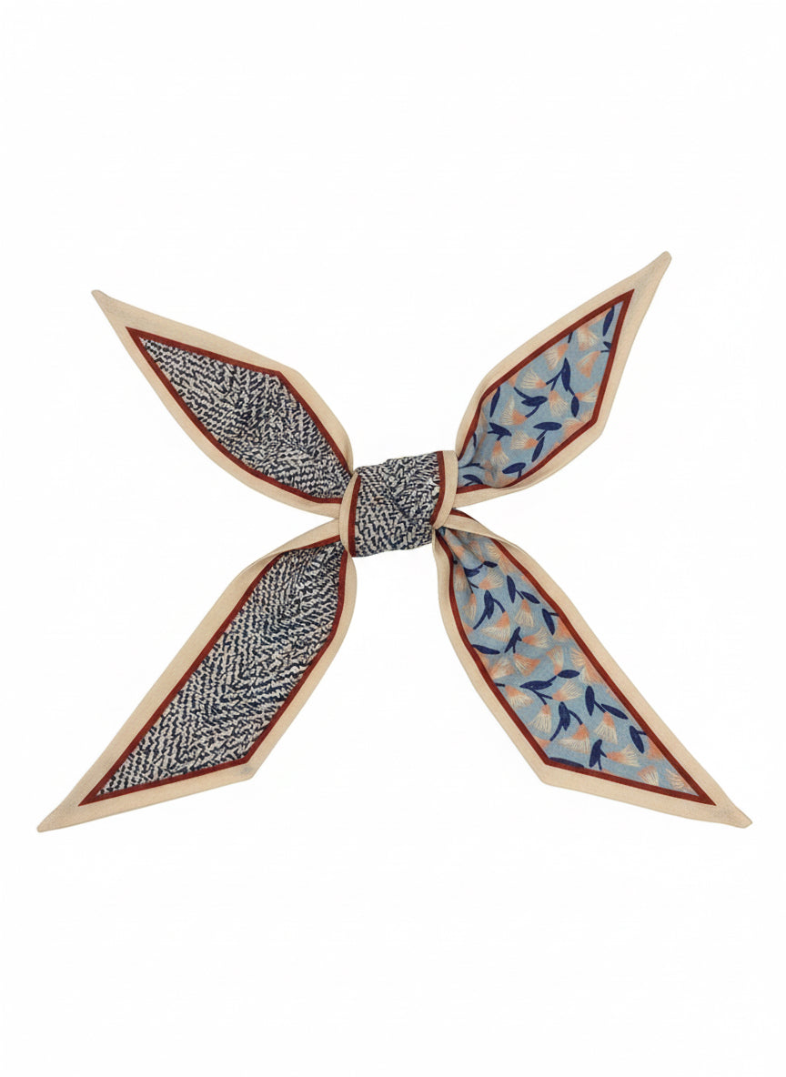 Silk Scarf Necklace, four pointed ends—black/white leaf and blue—with beige/brown border. Available in S, M, L.